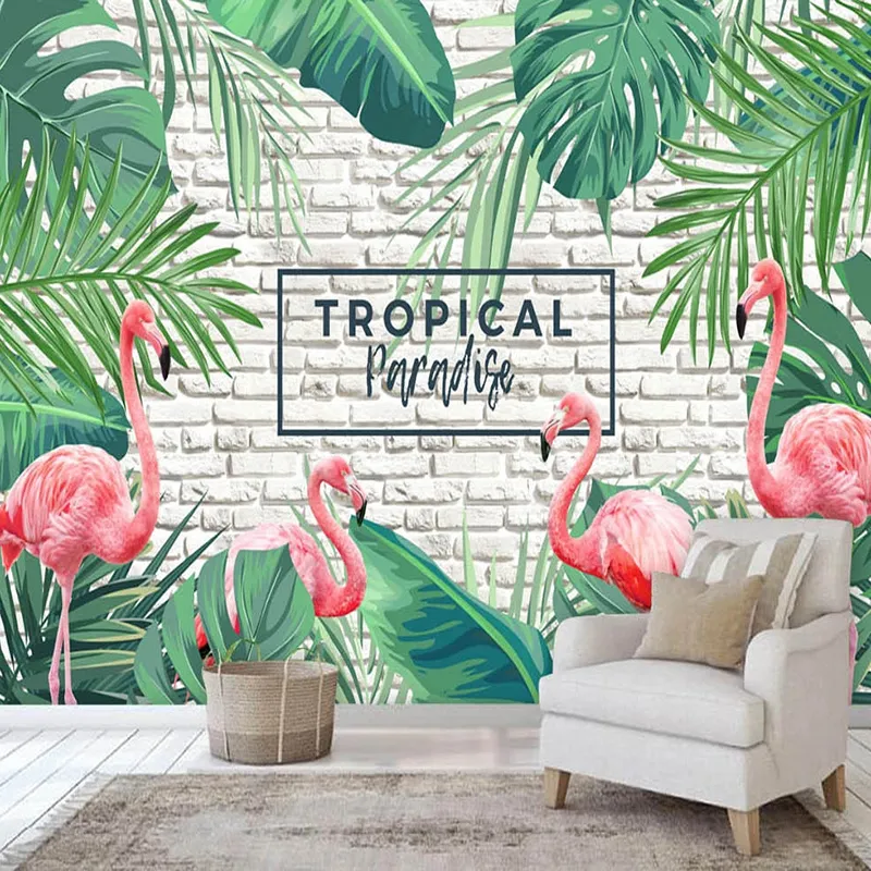 Пользовательские Юго-Восточной Азии тропический завод Зеленый лист Flamingo обои Mural Гостиная Спальня фон фото Papel De Parede 3D