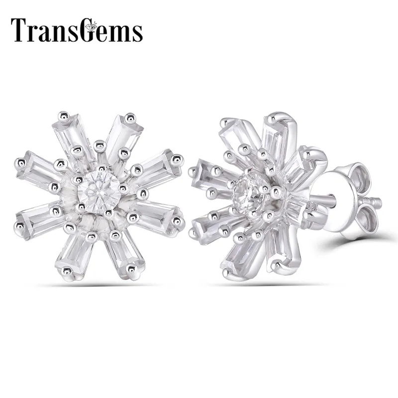 TransGems Solido 14K 585 Oro bianco Centro 3mm F Colore Moissanite con accenti baguette Orecchini a bottone con neve Push Back per le donne Y200620