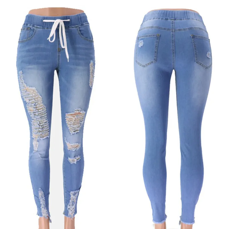 New Mulheres Ripped Jeans calças compridas mediana elástico na cintura com cordão Jeans Outono estiramento Buraco Pencil Denim Pants escavar