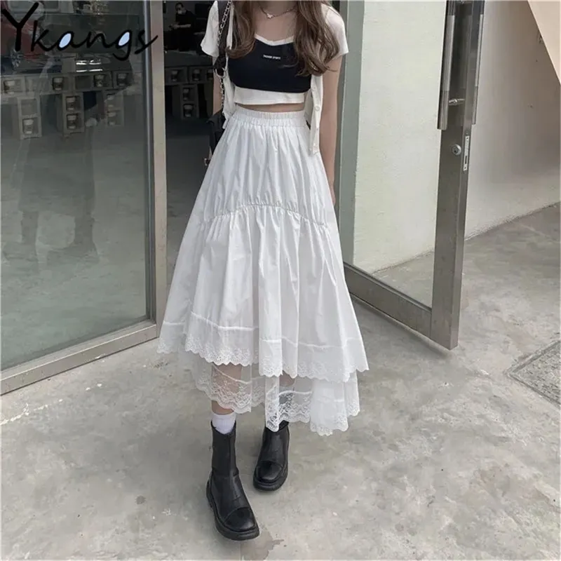 Siyah Gotik Dantel Dikiş Düzensiz Pileli Etek Kadınlar Beyaz Vintage Yüksek Bel Uzun Koreli Katı Hip Hop Sokak Giyim W220314