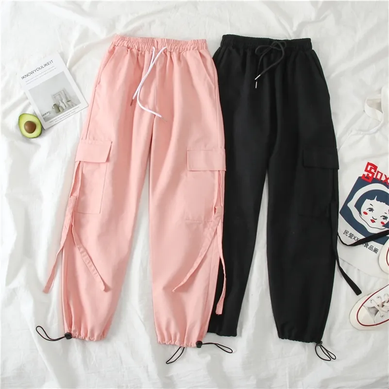 봄화물 바지 학생 스포츠 캐주얼 스웨트 여성 블랙 하이 웨이스트 포켓 바지 Streetwear Womens Joggers Sweatpants LJ201029