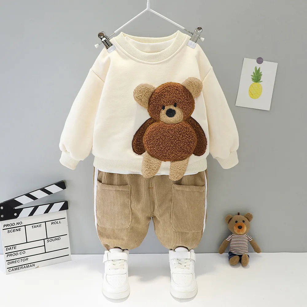 Ropa infantil para niñas pequeñas, trajes de invierno gruesos para niños pequeños, lindos bebés de dibujos animados, cálidos, más trajes de terciopelo para bebés, conjunto de ropa para niños