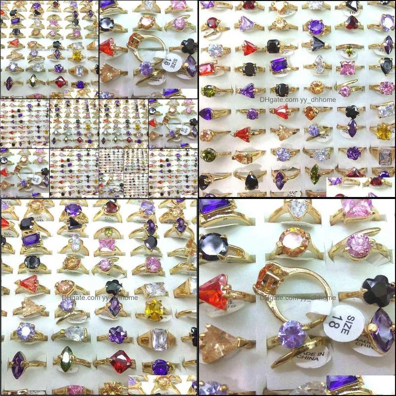 50pcs Gold Tone Real Zircon Rings Heart, triangle, square, flower, waterdrop Shapes Valentine`s Day Gift 220115