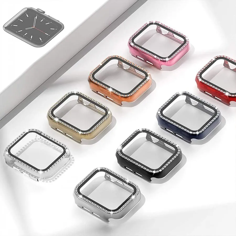 Tempererat glasskydd f￶r Apple Watch Case 40mm 44mm 38mm 42mm 41mm 45mm 49mm Diamond Bumper Screen Protector f￶r IWatch Series 6/SE/5/4/3/2/1 NYTT