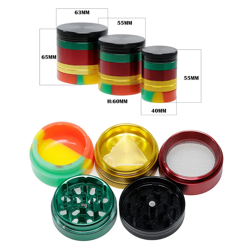 40mm 55mm 63mm Herb Grinder With Silicone Catcher & Wax Jar 5 Layers Metal Tobacco Herbal Grinder Crusher Smoking Accessories GR302