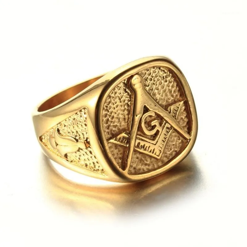 Cool Mens Gold Free Mason Freemasonry Masonic Ring 316L Stainless Steel Band Ring1