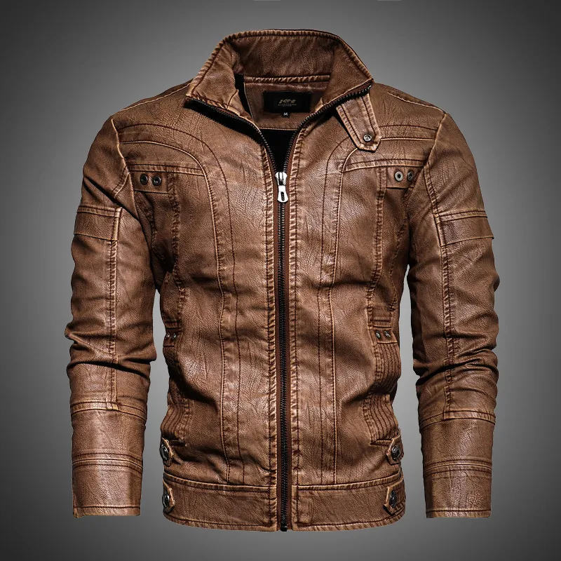 Lederjacke Stehkragen Männer Jacken Herbst Winter Reißverschluss Up Pelz gesäumt Motorradjacke Mode Tops Mantel Vintage Mantel Männer 201120