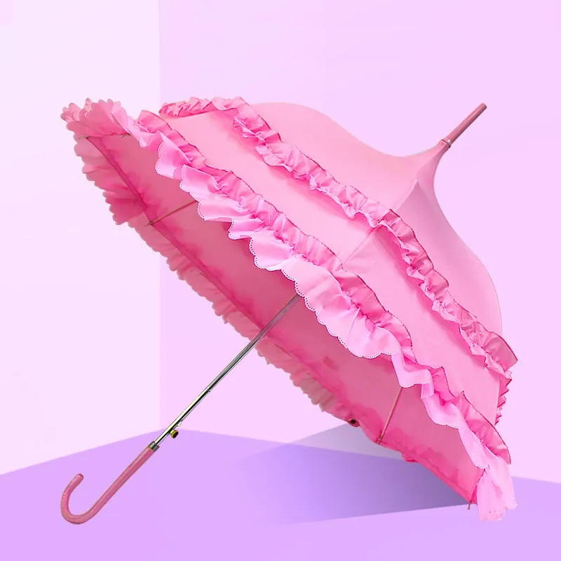 Rosa beige prinsessa spets solskydd paraply utsökt soligt och regnigt långt handtag parasoll tornformat bröllop paraply
