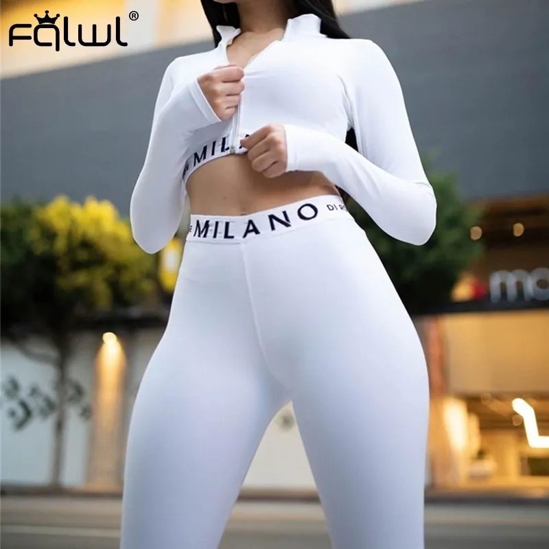 FQLWL Streetwear White Pink 2 قطعتان مجموعة من النساء اللياقة البدنية Long Sleeve محصول أعلى طماق للسيدات السيدات أنثى 201104