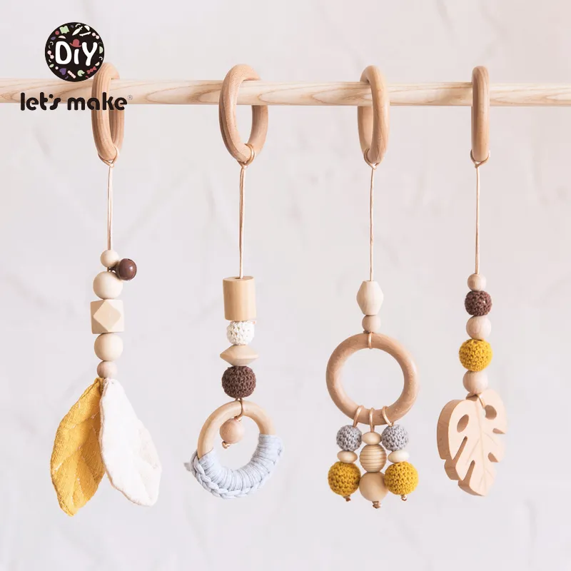 Let's Make Baby Toys 1set / 4pcs Play Gym Perles en bois Feuille de hêtre Pendentif Poussette d'allaitement de dentition 0-12 mois Bébé Hochet Jouets LJ201114