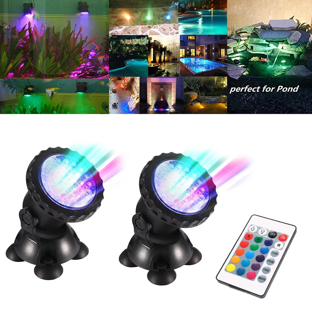 RGB LED Aquarium Light 2 Pack 72 LEDs Fish Tank Underwater Spotlight with Remote Control Colorful Submersible Lamp for Swimming Pool Garden and