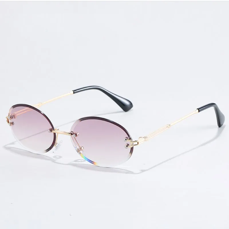 Frameless Trimmed Women Sunglasses Fashion Small Round Sun Glasses Metal Temples 7 Colors Wholesale