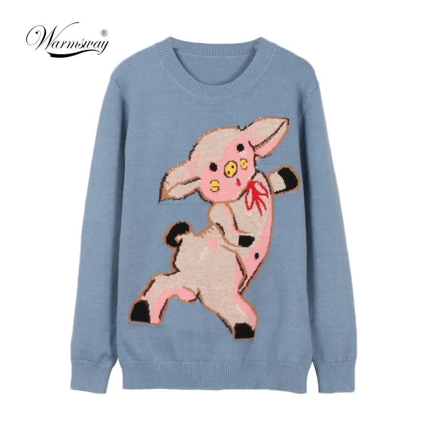 Nieuwe Runway Jacquard Gebreide Pullover Blauw Schattig Pig Patroon Sweet Gebreide Sweater Mode Jumper Suiner Mujer C-075 201031