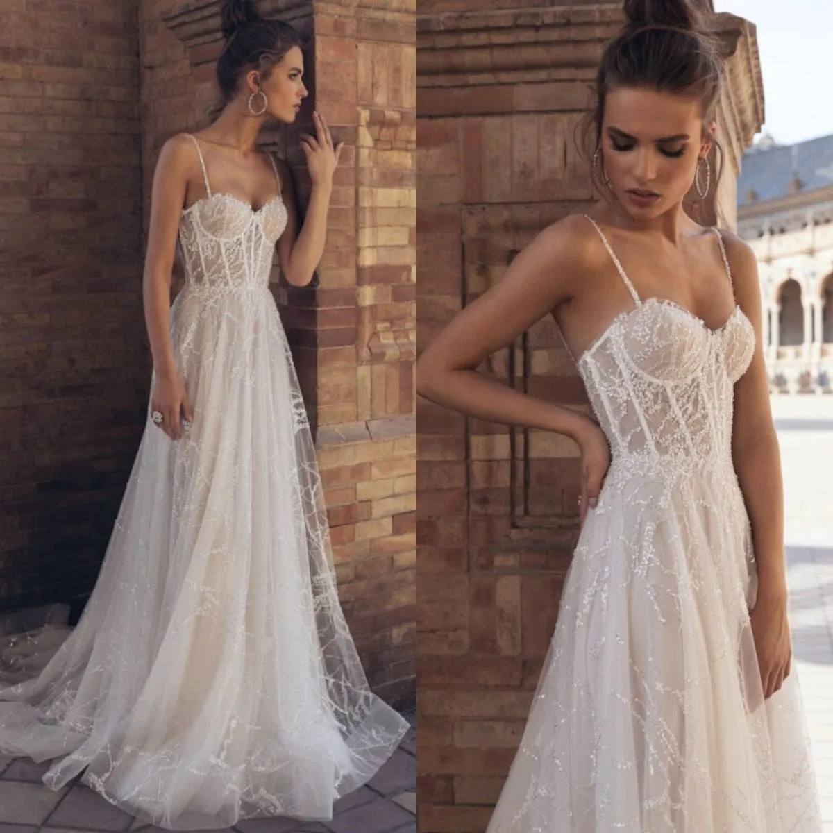 2021 Dentelle Paillettes Robes De Mariée Sexy Bretelles Spaghetti A-ligne Robes De Mariée Sur Mesure Dos Nu Balayage Train Plus La Taille Robe De Mariée