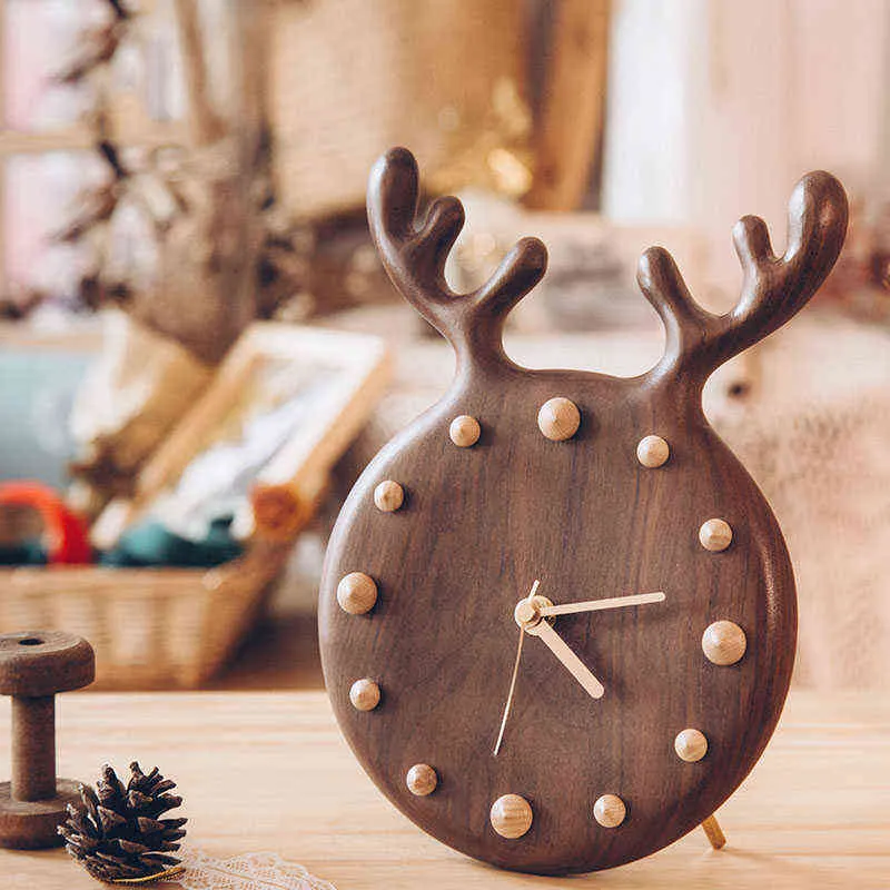 Minimalistyczny Design Deer Zegar Zegar Wood Cute Kids Sypialnia Unikalne Nordic Wall Clock Decor Silent Horloge Murale Kitchen HX50WC H1230