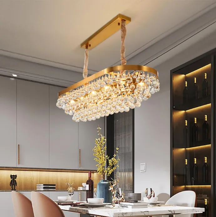 Lampadario moderno da cucina rettangolare in oro per soggiorno, sala da  pranzo, goccia d'acqua, lampada di cristallo, lampadari da negozio