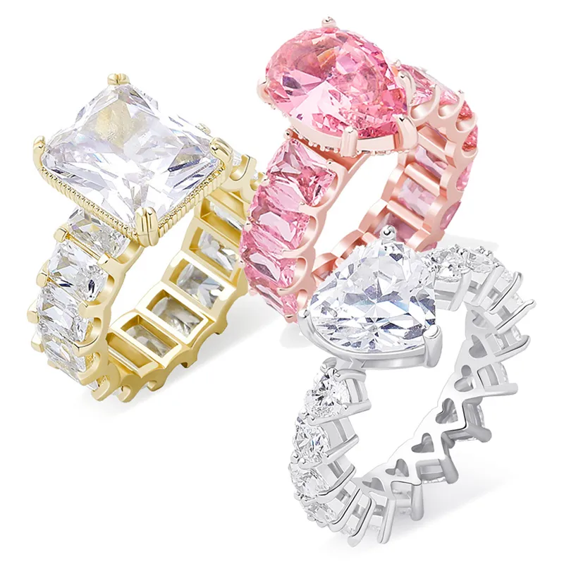18K Rose Gold Bling Hart Baguette Cubic Zirconia Womens Finger Ring Iced Out Diamond Wedding Band Rings Hip Hop Sieraden Geschenken voor Dames