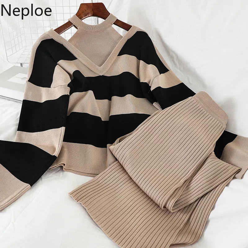 Neploe 2020 Set Donna Pullover lavorato a maglia Maglione Halter Stripe Maglione lavorato a maglia Top + Pantaloni lunghi a gamba larga Tute Tute 56431 LJ201117