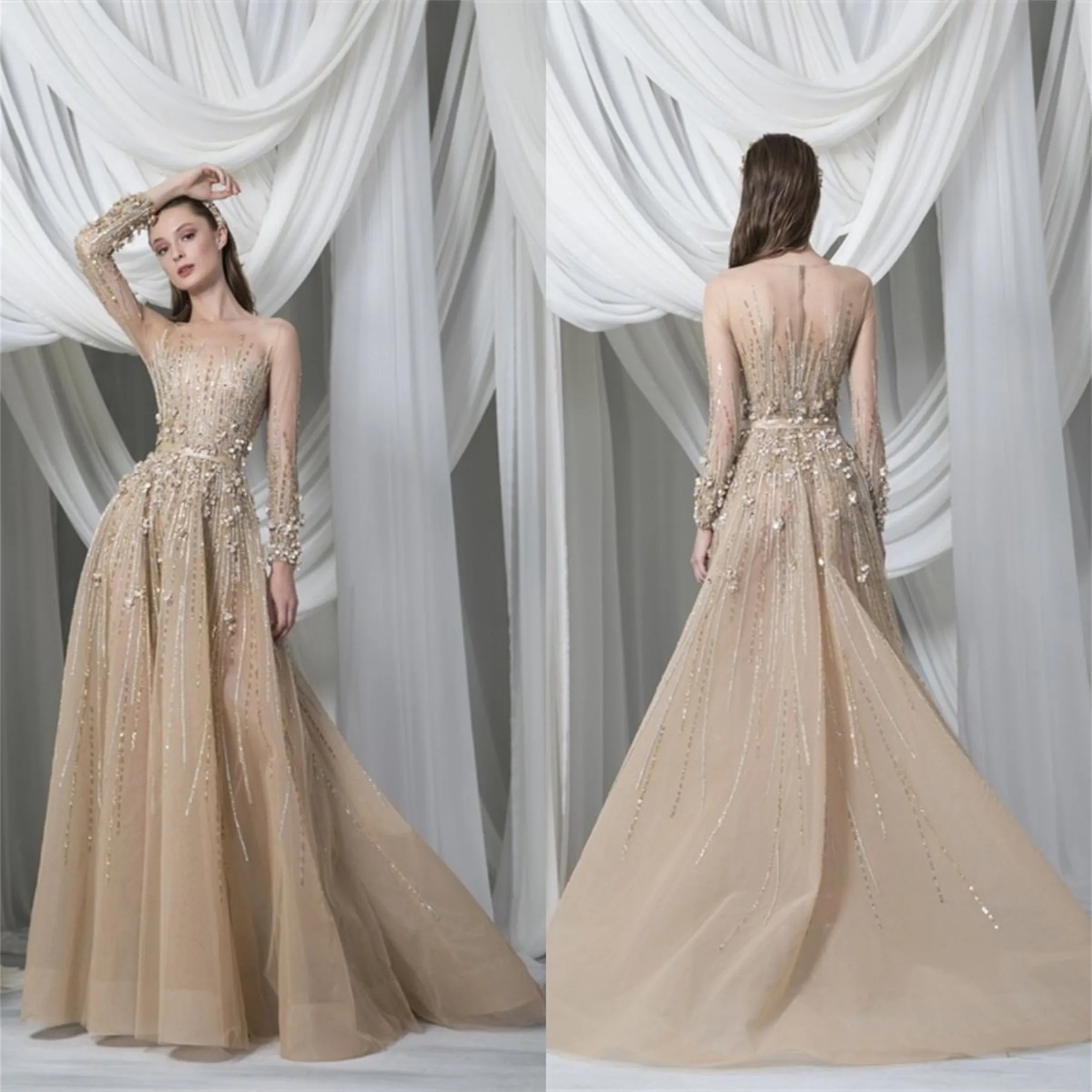 Champagne Evening Klänningar Jewel Långärmad Applikationer Lace Beading Prom Gowns Custom Made Sweep Train Special Occasion Dress