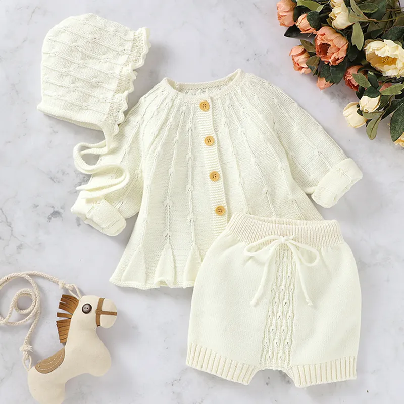 Ny Spring Autumn Infant Baby Girls Pure Color Cardigan Coat + Pants + Hat Clothing Set Kids Suit Girl Knit Set kläder