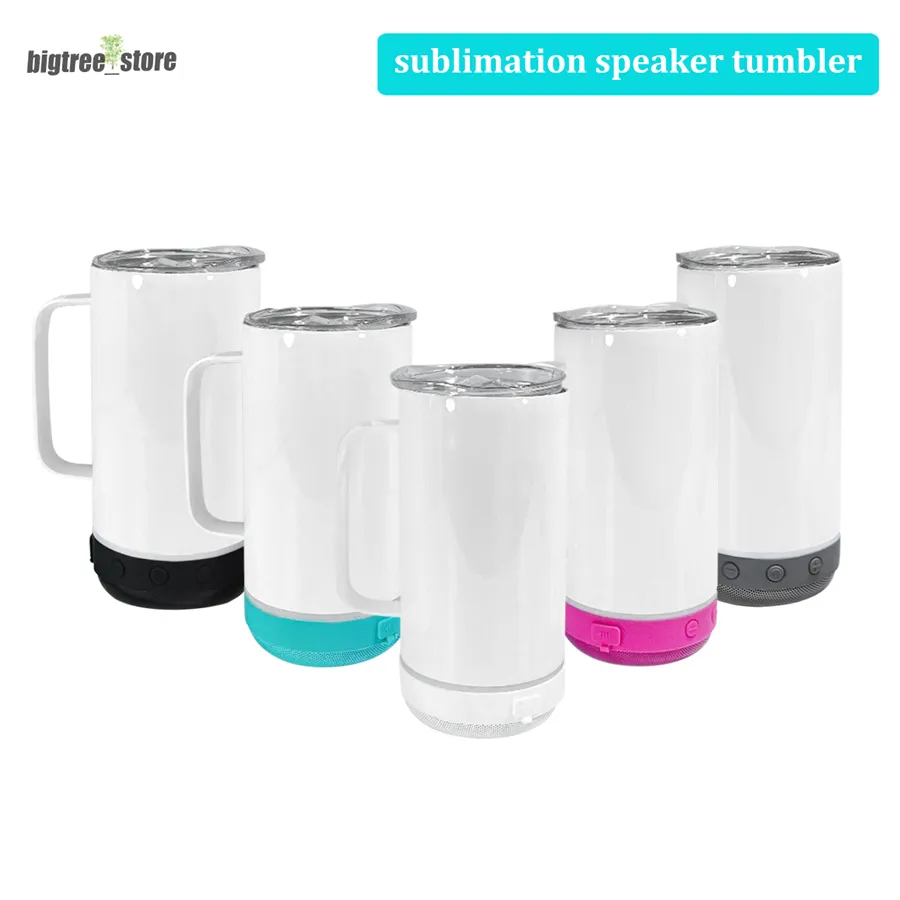 Süblimasyon Kahve Kupaları Bluetooth Hoparlör ile 14oz Paslanmaz Çelik Tumbler USB Şarj Çift Duvar Yalıtımlı Vakum Müzik Tumblers Boş Beyaz Su Şişesi