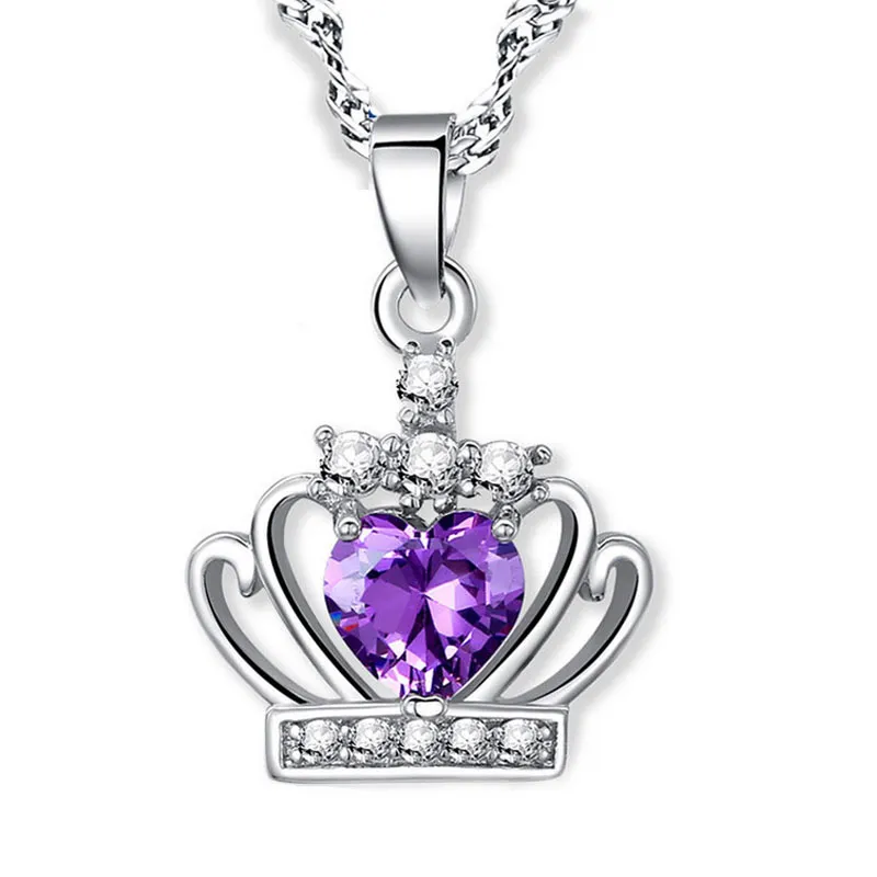 Collier couronne en cristal CZ violet plaqué or blanc 18 carats pour femmes, bijoux de mariage, joli cadeau