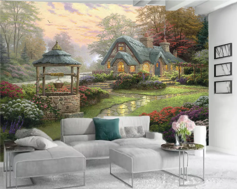 Landschap 3d behang 3d behang landschap muurstickers romantische bos rieten huis HD superieure interieur decoraties 3d behang