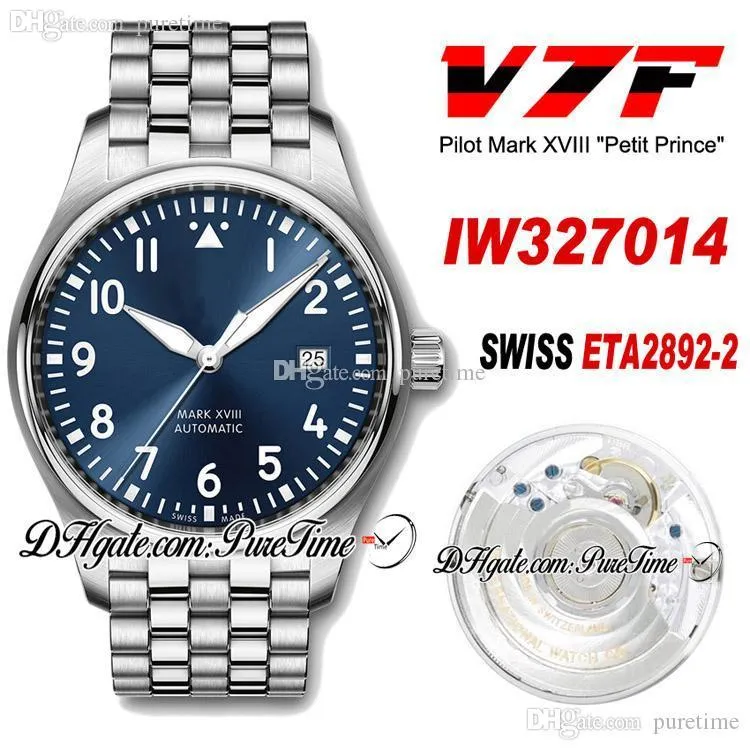 V7F Mark XVIII 327014 Le Petit Prince Swiss Eta2892-2 Automatisk herrklocka stålfodral Blue Dial Rostfritt stål Armband Ny Puret208G