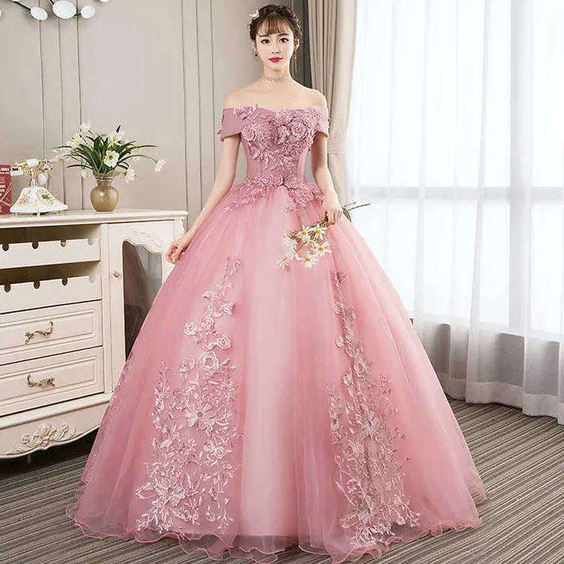 2021 New Sexy Fiori Appliques Bateau Ball Gown Abiti Quinceanera Tulle Lace Up Sweet 16 Dress Debuttante Prom Party Dress Custom Made 043