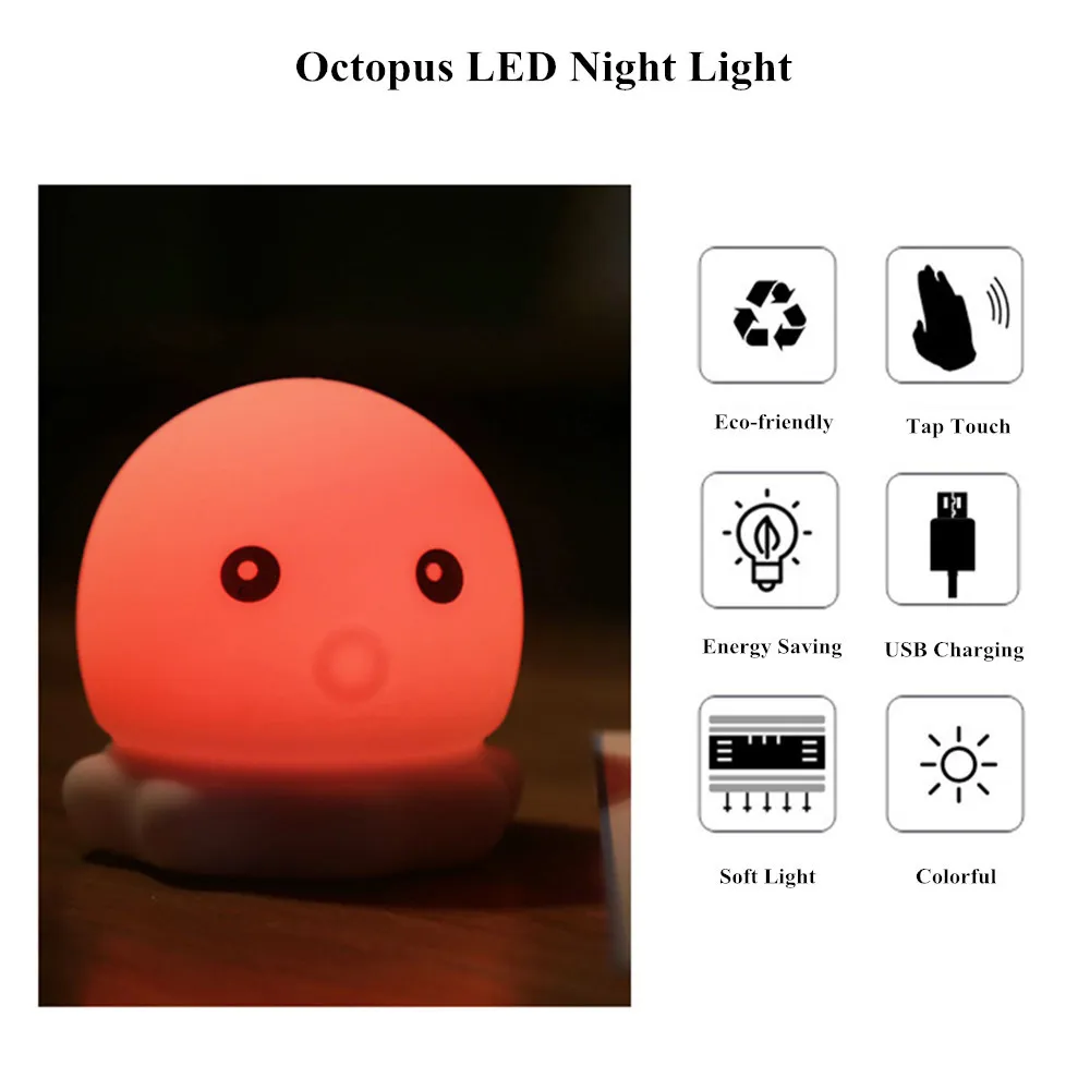 Cartoon Octopus LED Veilleuse Capteur Tactile Silicone Coloré USB Charge Chambre Lampe De Chevet pour Enfants Enfants Bébé Gift275l