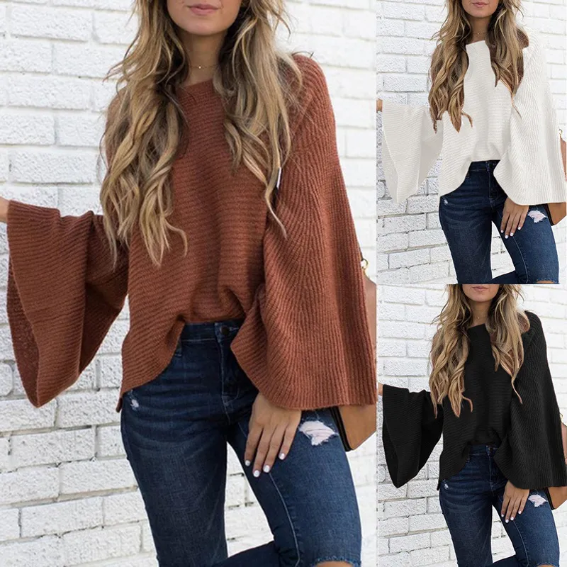 Women Knitted Flare Sleeve Solid O Neck Sweaters Fashion Female Loose Casual Pullover Sweaters Autumn Winter Outwear Hot Sale