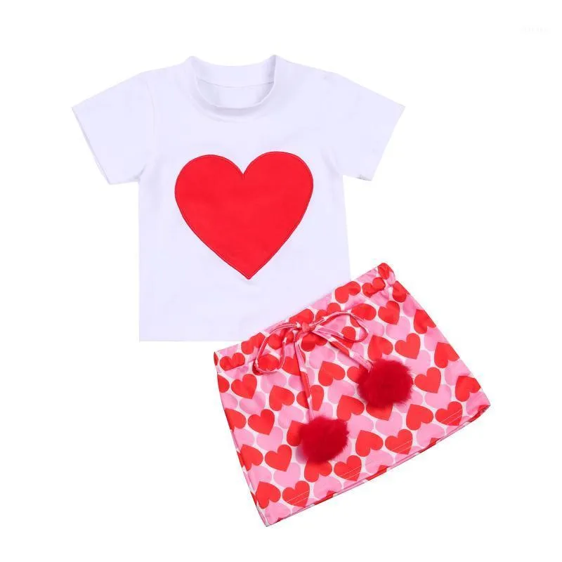 Ensembles de vêtements Doux Enfants Bébés Filles Vêtements Saint Valentin Costumes Rouge Amour Coeur Imprimer 2 Pcs T-shirts À Manches Courtes + Jupes A-ligne D'été 2-7A