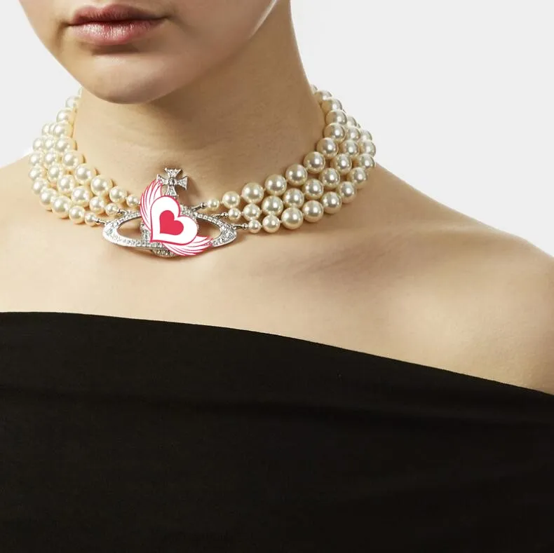 Collana di perle a tre strati di industrie pesanti planetarie di vendita calda Collana retrò con catena satellitare a clavicola con diamante pieno femminile Collana retrò da sposa