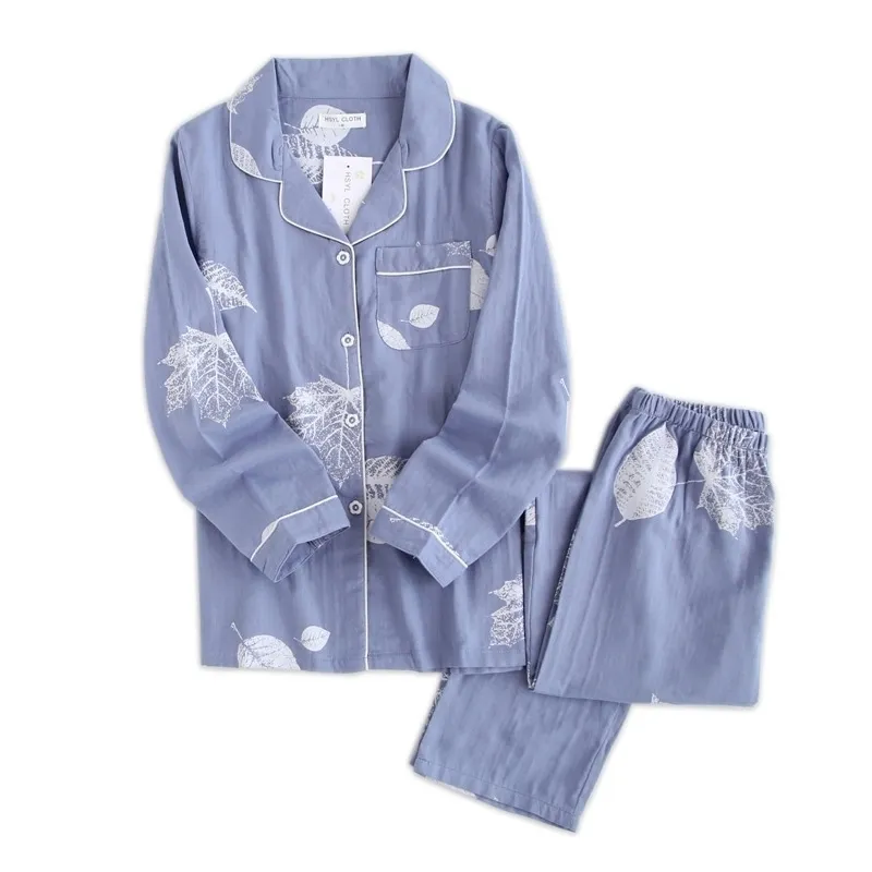 Korea Fresh Maple Leaf Pyjama Sets Frauen 100% Gaze Baumwolle Langarm Casual Nachtwäsche Frauen Pyjamas Sommer heißer Verkauf 201027