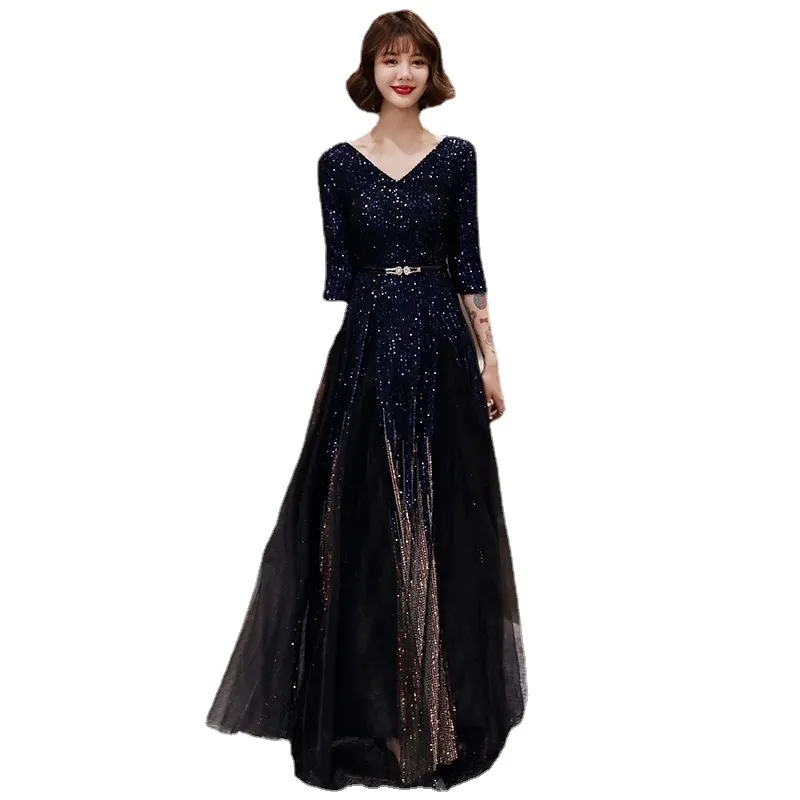 Evening Dresses Vestidos de noite preto lantejoulas com decote em v brilho elegante pouco a linha tule longo feminino formal festa de formatura