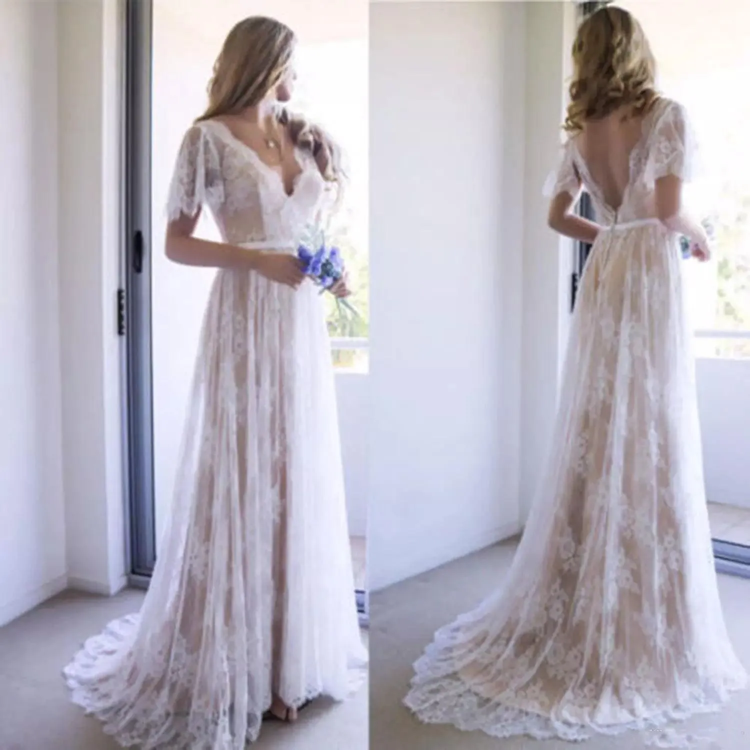 2021 Vestidos de noiva de renda mangas curtas Uma linha V Voltar scalloped pescoço varredura de trem fita feita sob encomenda feita por praia vestido de casamento vestido de novia