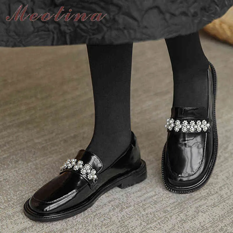 Echte vrouwen platte lederen schoenen informele ronde teenkoe zwart maat 220209
