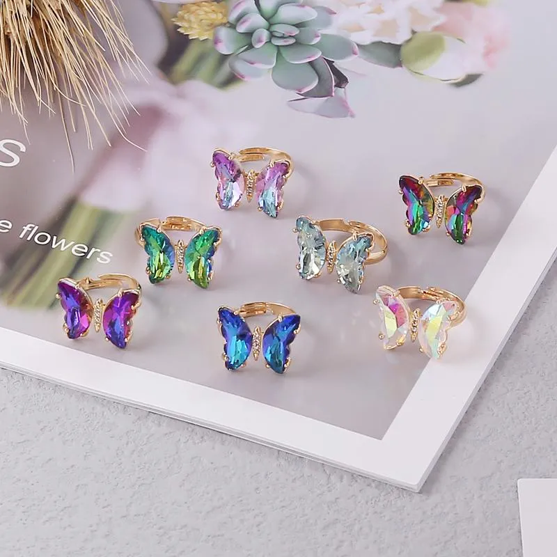 Cluster Rings Polychrome Crystal Butterfly Ring Fashion Temperament Sweet Romantic Female Jewelry Girl Wedding Gift