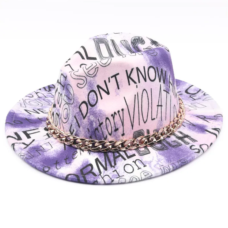 Cappelli Fedora a catena dorata spessa da uomo Cappello Trilby Jazz con stampa di lettere Tie-dye Cappello da cerimonia nuziale per donna alla moda