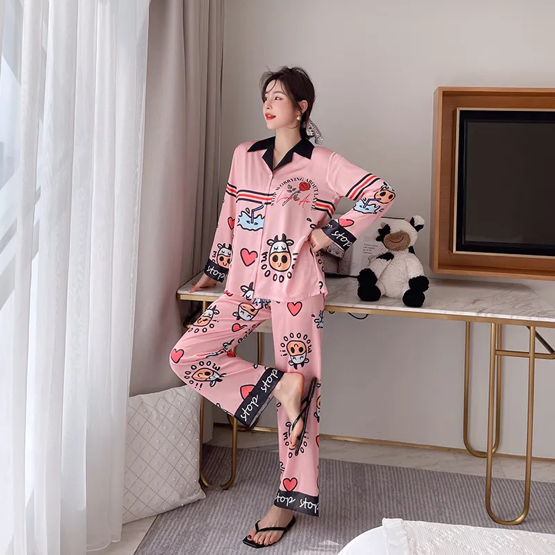Cute Cow Print Pajama Set Imitation Silk Pajamas Suit Comfortable