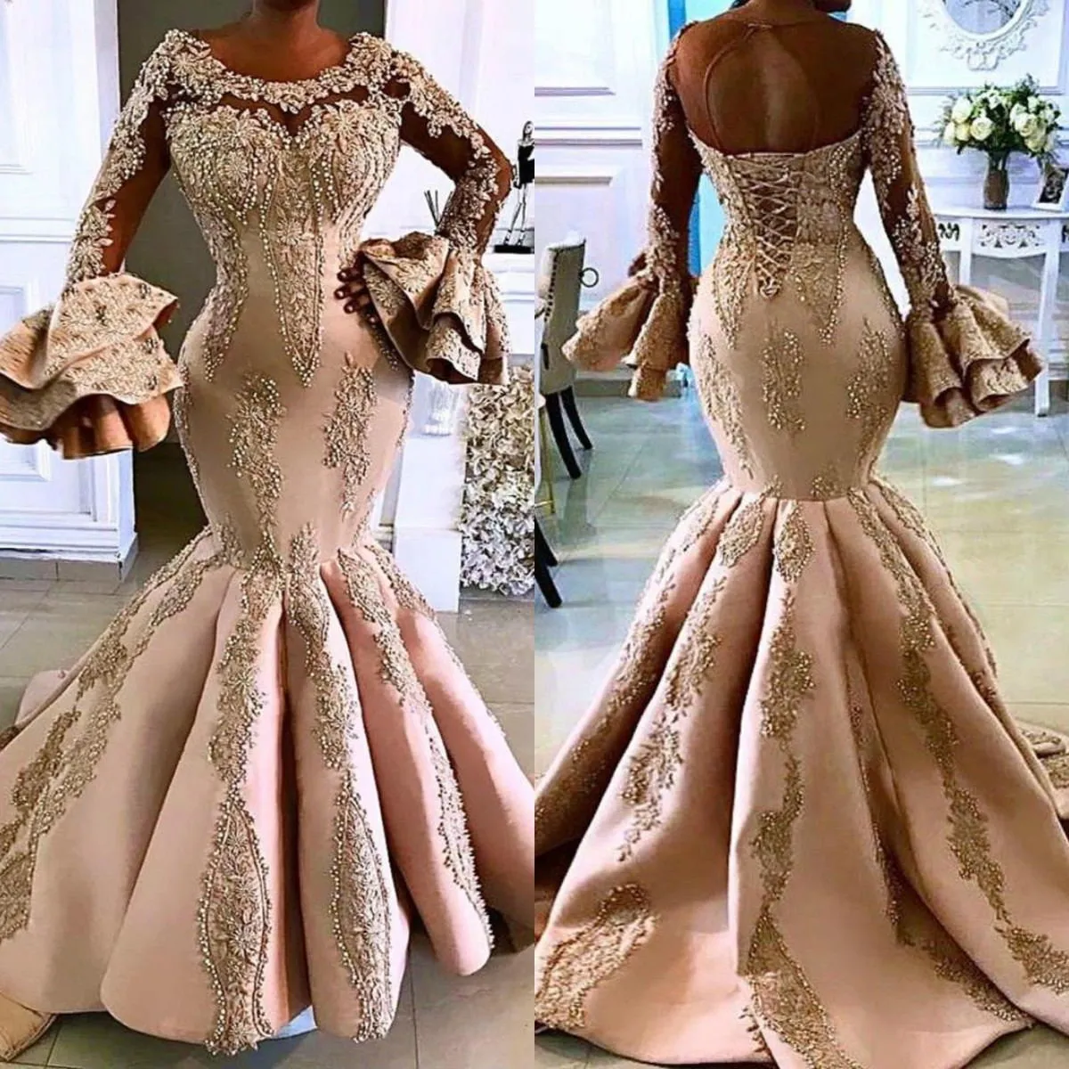 Arabic Aso Ebi Evening Dresses Plus Size Lace Beaded Mermaid Prom Gowns Long Sleeves Special Occasion Dress