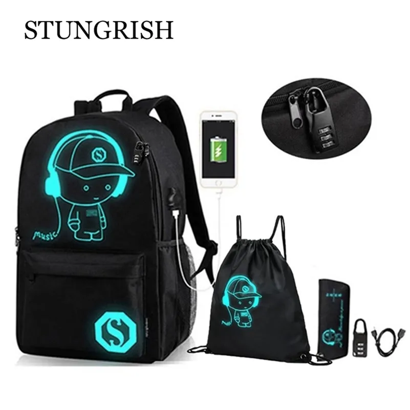 Новый рюкзак для школьного аниме светящиеся сумка колледж книжный мешок антиренажный ноутбук рюкзак с USB зарядки портов школьные сумки LJ201029