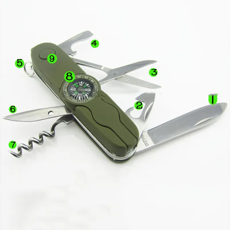 Multifunctional Folding Knife With Light Party Favor Portable Bottle Opener Keychain Compass Scissors Outdoor Survival Tool