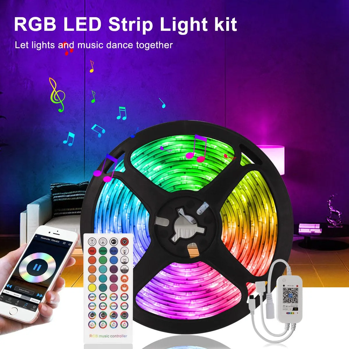 5M 10M Tira de luces LED Micomlan Sincronización de música Cambio de color Tira de LED RGB Micrófono incorporado Aplicación Bluetooth controlada