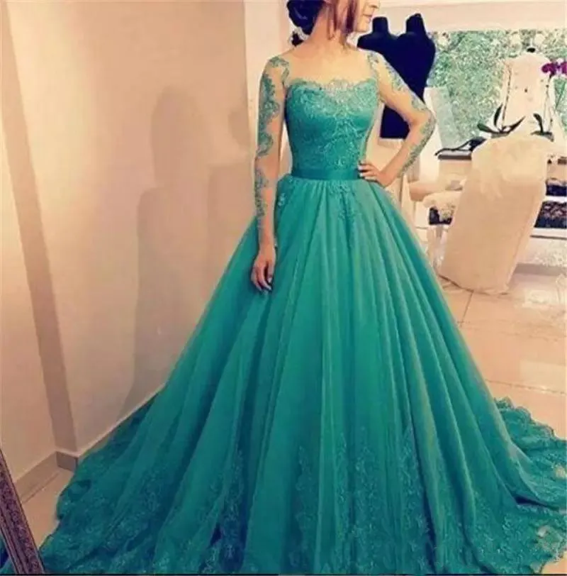 Vestidos De Festa Elegant Ball Gown Evening Dresses Sheer Long Sleeves Tulle Prom Dress Lace Appliques Floor Length Formal Party Gowns