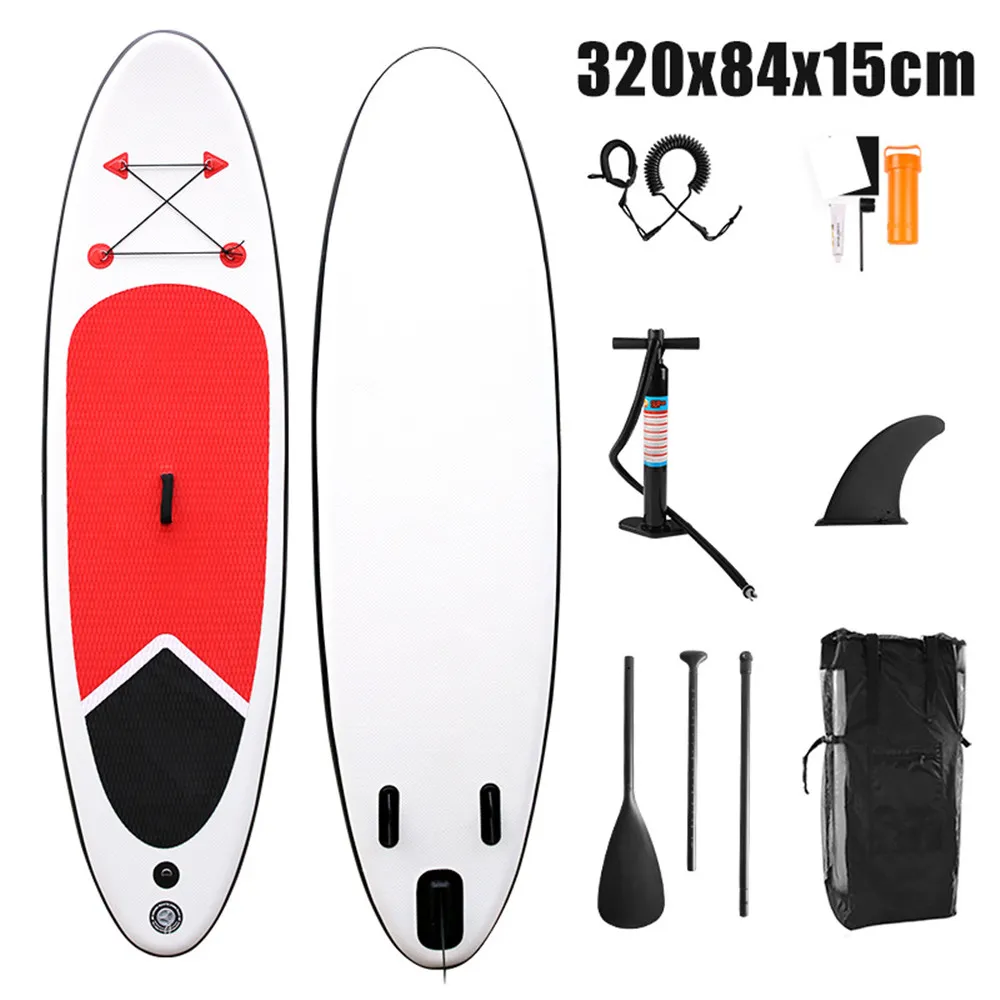 320 * 84 * 15 cm Nuevas tablas de surf Venta al por mayor Surf Sup Foam Standup Paddle Board Rojo Negro Blanco Tabla de surf inflable Kayak Barco OEM sin asiento EVA