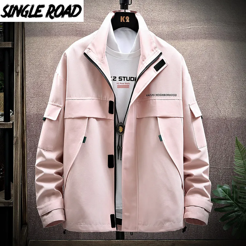 Singleroad Erkek Ceket Erkekler Bahar Katı Koreli Hip Hop Japon Sokak Giyim Kat Erkek Günlük Kargo Pembe Ceketleri Adam Windbreaker 201105