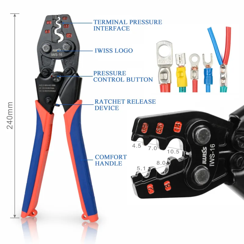 IWS-16 Chipmer Plier Iwiss Ratchet Example Инструмент для неизолированных клемм AWG 22-6 Полированный Устройство регулирования давления челюсти Y200321