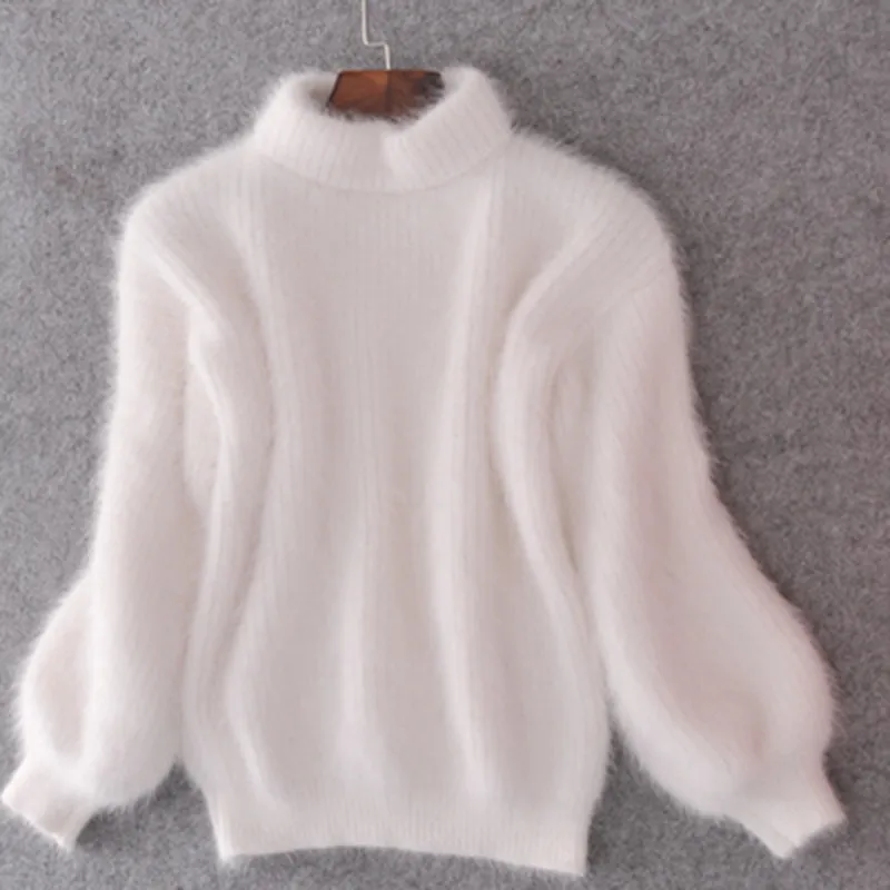 Inverno nuova moda ispessito dolcevita caldo mohair maglione femminile manica lanterna casual tinta unita slim semplice pullover 201006