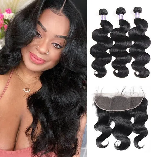 Ishow Brazilian Body Wave 3/4 PCS with Lace Frontal Peruvian Loose Deep Kinky Curly Human Hair Bundles with Closure Straight Water for Women 8-28inch Natural Black